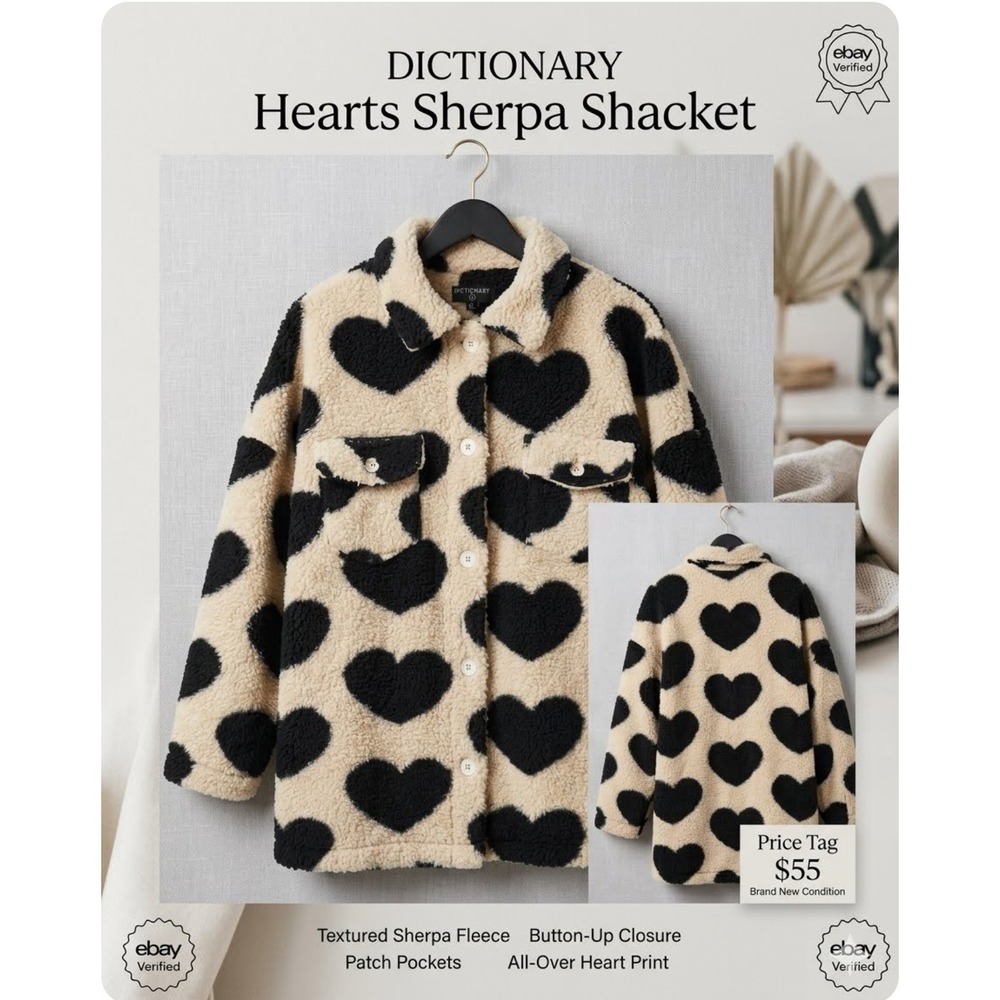 Dictionary Hearts Sherpa Shacket Womens Medium Black Cream Fleece Heart Print